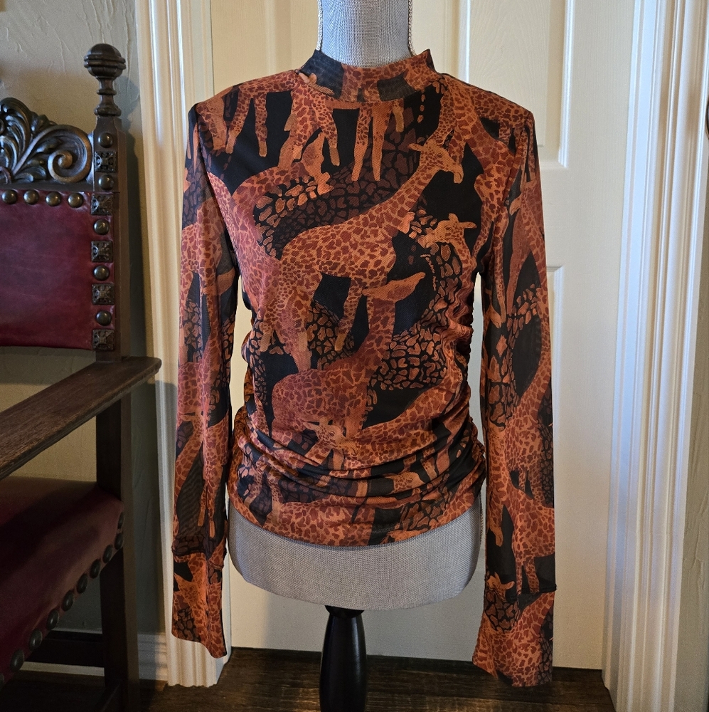 Farm Rio Giraffe Tulle Long Sleeve Blouse